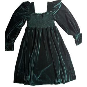 Girls Dark Green Velvety Dress Square Neck Size? Smocked Bodice & puff sleeves,